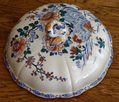 GIEN Coq Motif French Antique Ironstone Soup Tureen Soupiere Terre de Fer en Faience Coq Rooster Peony Motif