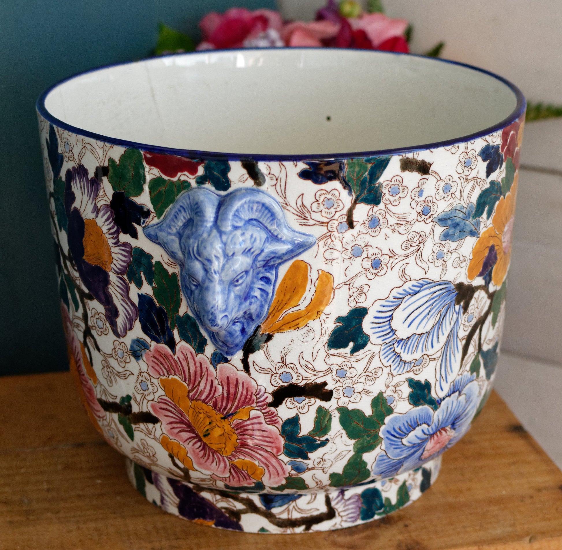 MAUVE Motif GIEN France French Antique Polychrome Garden Pot Cache Pot Jardiniere DECOR de PIVOINES Peonies Terre Cuite Faience