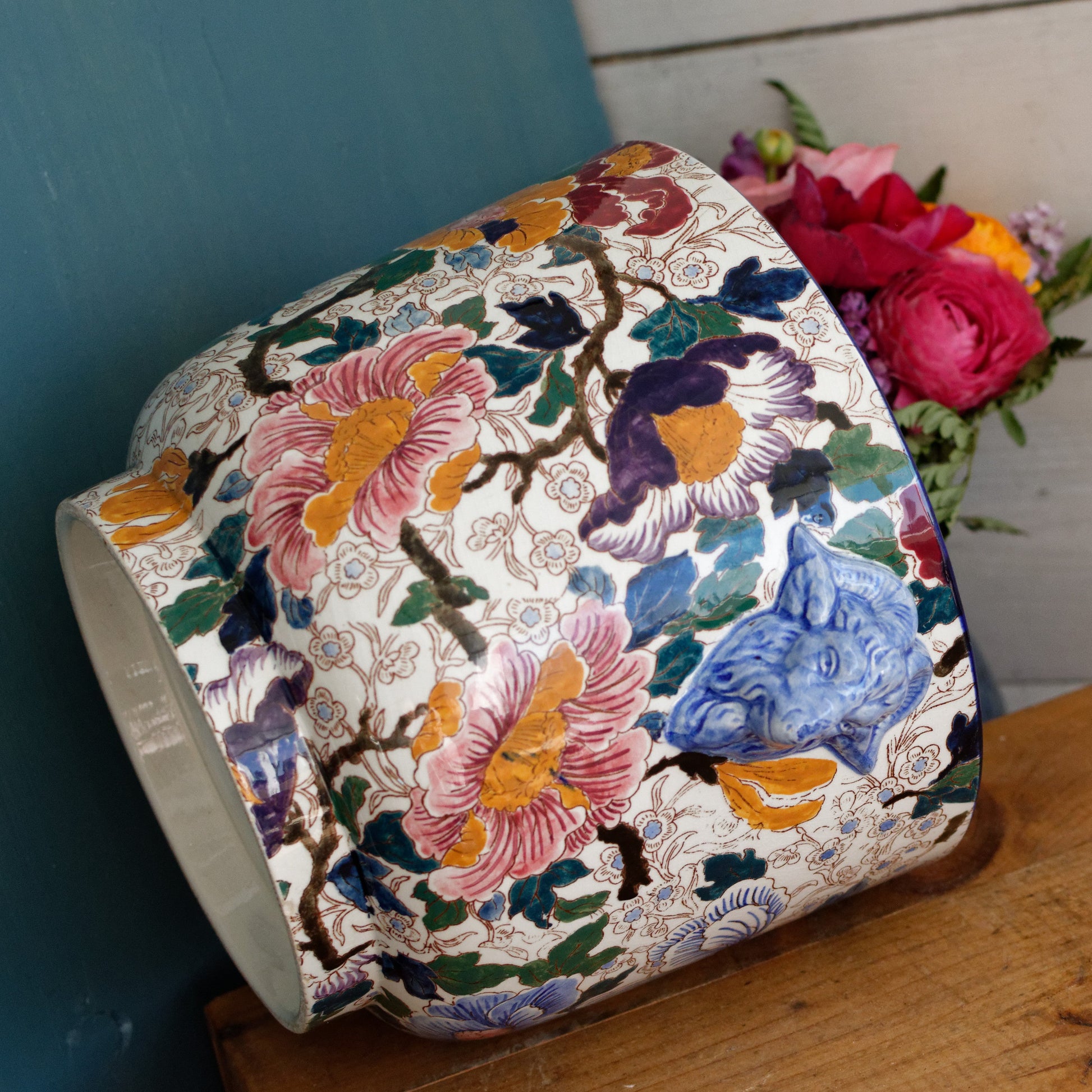 MAUVE Motif GIEN France French Antique Polychrome Garden Pot Cache Pot Jardiniere DECOR de PIVOINES Peonies Terre Cuite Faience