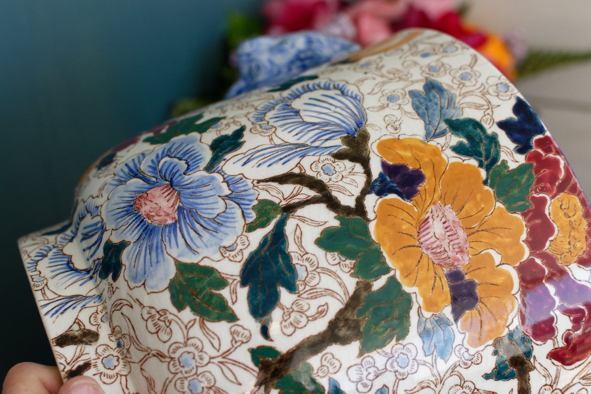 MAUVE Motif GIEN France French Antique Polychrome Garden Pot Cache Pot Jardiniere DECOR de PIVOINES Peonies Terre Cuite Faience