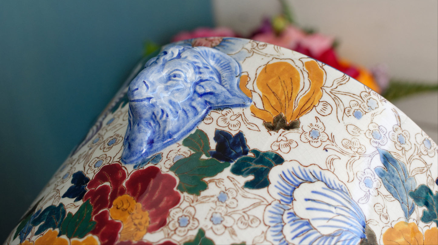 MAUVE Motif GIEN France French Antique Polychrome Garden Pot Cache Pot Jardiniere DECOR de PIVOINES Peonies Terre Cuite Faience