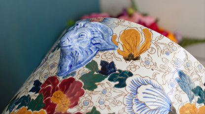 MAUVE Motif GIEN France French Antique Polychrome Garden Pot Cache Pot Jardiniere DECOR de PIVOINES Peonies Terre Cuite Faience