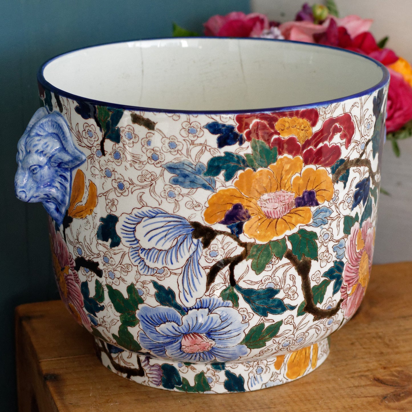 MAUVE Motif GIEN France French Antique Polychrome Garden Pot Cache Pot Jardiniere DECOR de PIVOINES Peonies Terre Cuite Faience