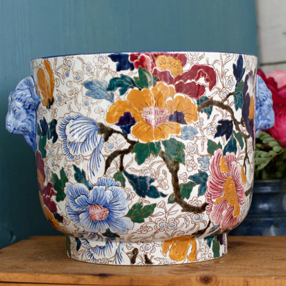 MAUVE Motif GIEN France French Antique Polychrome Garden Pot Cache Pot Jardiniere DECOR de PIVOINES Peonies Terre Cuite Faience