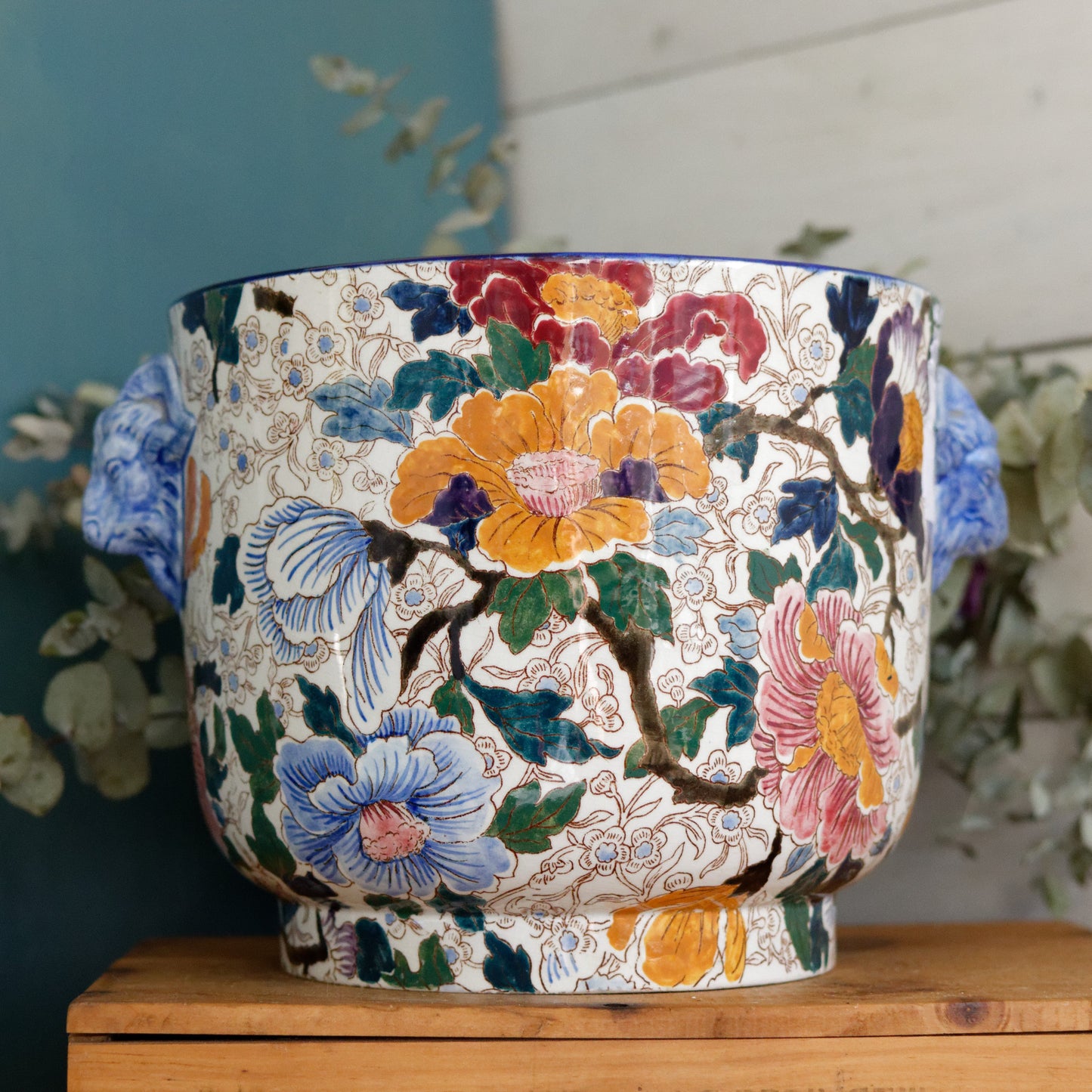 MAUVE Motif GIEN France French Antique Polychrome Garden Pot Cache Pot Jardiniere DECOR de PIVOINES Peonies Terre Cuite Faience