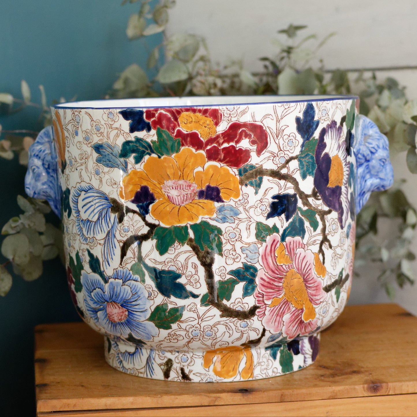 MAUVE Motif GIEN France French Antique Polychrome Garden Pot Cache Pot Jardiniere DECOR de PIVOINES Peonies Terre Cuite Faience