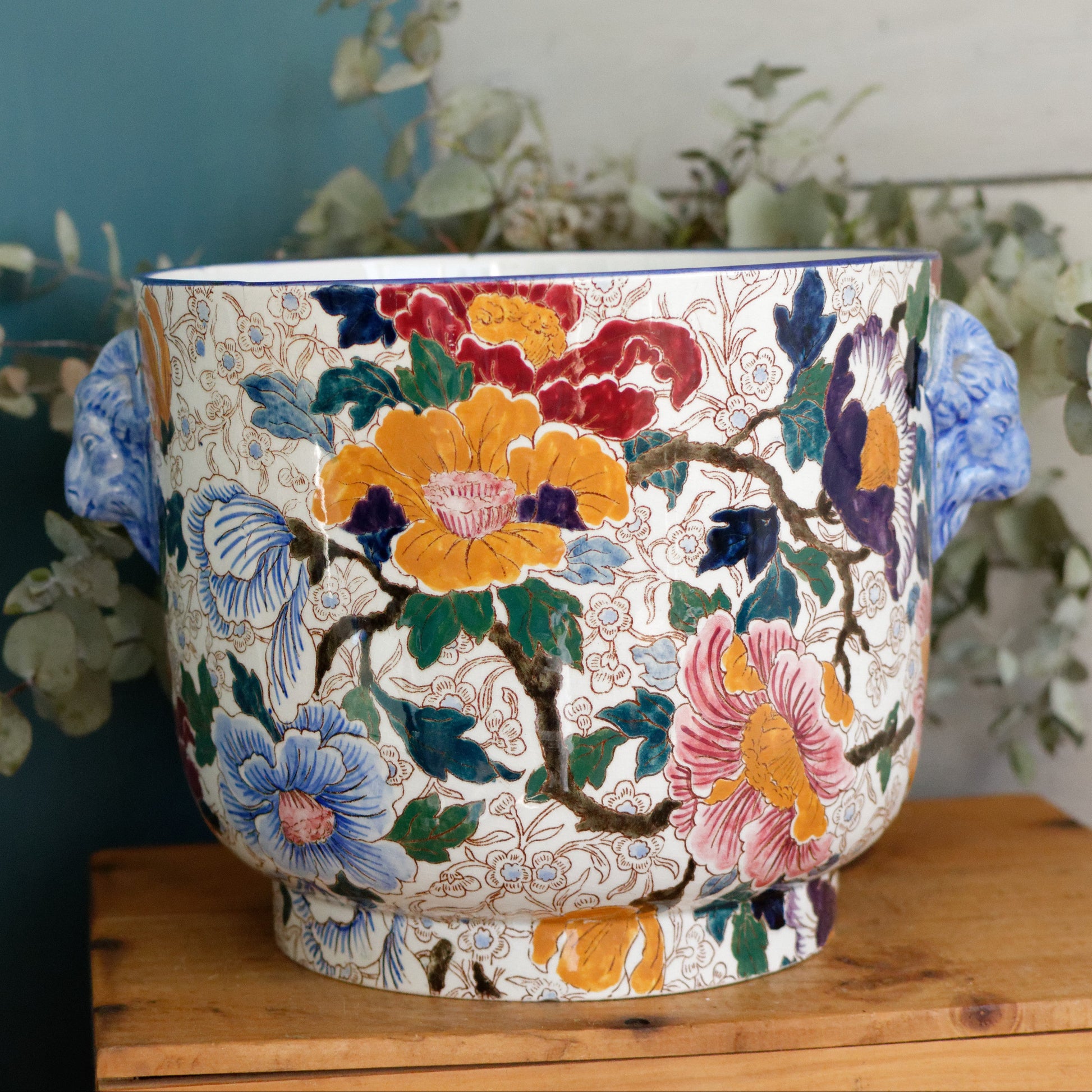 MAUVE Motif GIEN France French Antique Polychrome Garden Pot Cache Pot Jardiniere DECOR de PIVOINES Peonies Terre Cuite Faience