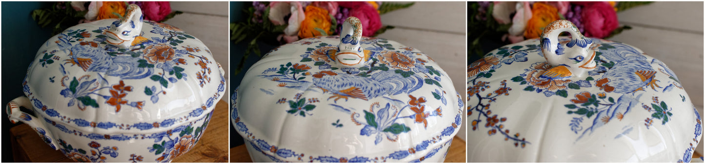GIEN Coq Motif French Antique Ironstone Soup Tureen Soupiere Terre de Fer en Faience Coq Rooster Peony Motif