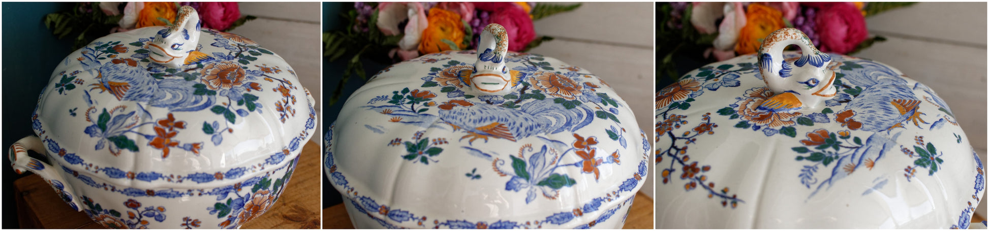 GIEN Coq Motif French Antique Ironstone Soup Tureen Soupiere Terre de Fer en Faience Coq Rooster Peony Motif