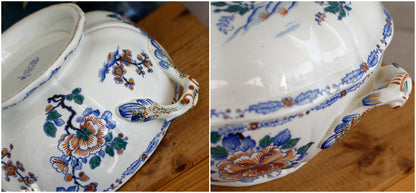 GIEN Coq Motif French Antique Ironstone Soup Tureen Soupiere Terre de Fer en Faience Coq Rooster Peony Motif
