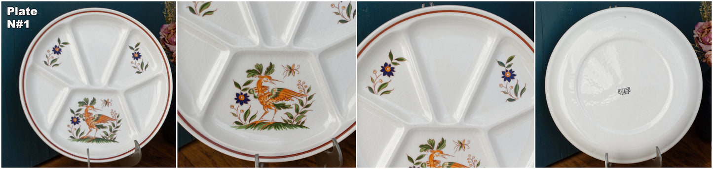 GIEN France Bird Scene oiseaux French Vintage Compartment Fondue Divider Plate & Salad Bowl Terre de Fer