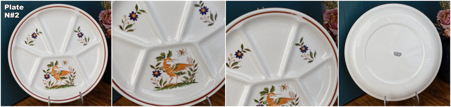 GIEN France Bird Scene oiseaux French Vintage Compartment Fondue Divider Plate & Salad Bowl Terre de Fer
