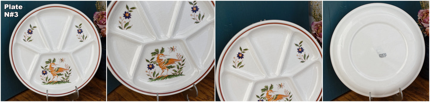 GIEN France Bird Scene oiseaux French Vintage Compartment Fondue Divider Plate & Salad Bowl Terre de Fer