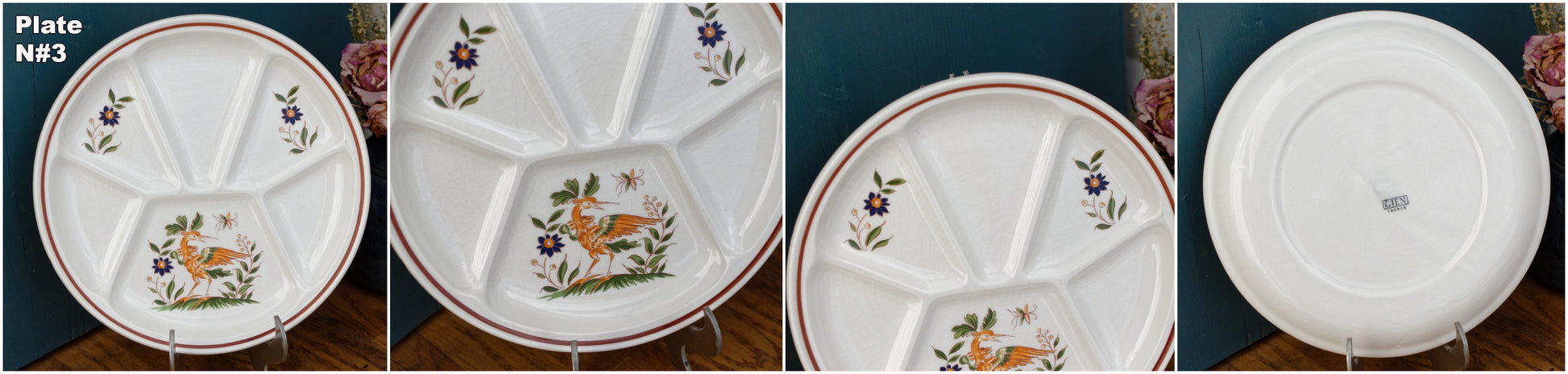 GIEN France Bird Scene oiseaux French Vintage Compartment Fondue Divider Plate & Salad Bowl Terre de Fer