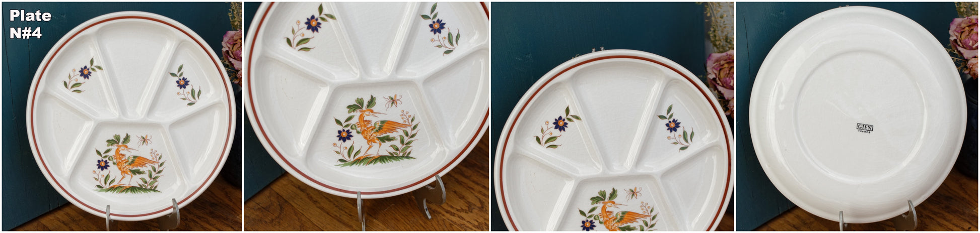 GIEN France Bird Scene oiseaux French Vintage Compartment Fondue Divider Plate & Salad Bowl Terre de Fer
