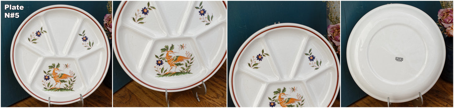 GIEN France Bird Scene oiseaux French Vintage Compartment Fondue Divider Plate & Salad Bowl Terre de Fer