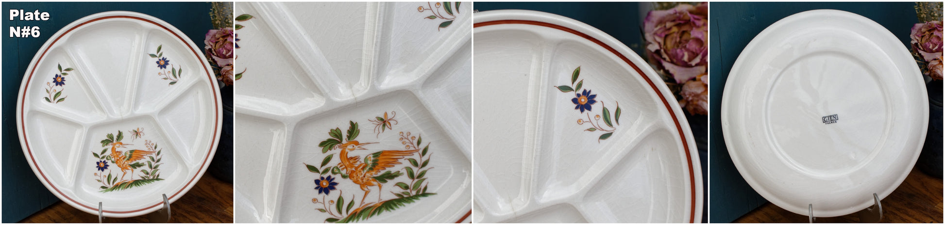 GIEN France Bird Scene oiseaux French Vintage Compartment Fondue Divider Plate & Salad Bowl Terre de Fer