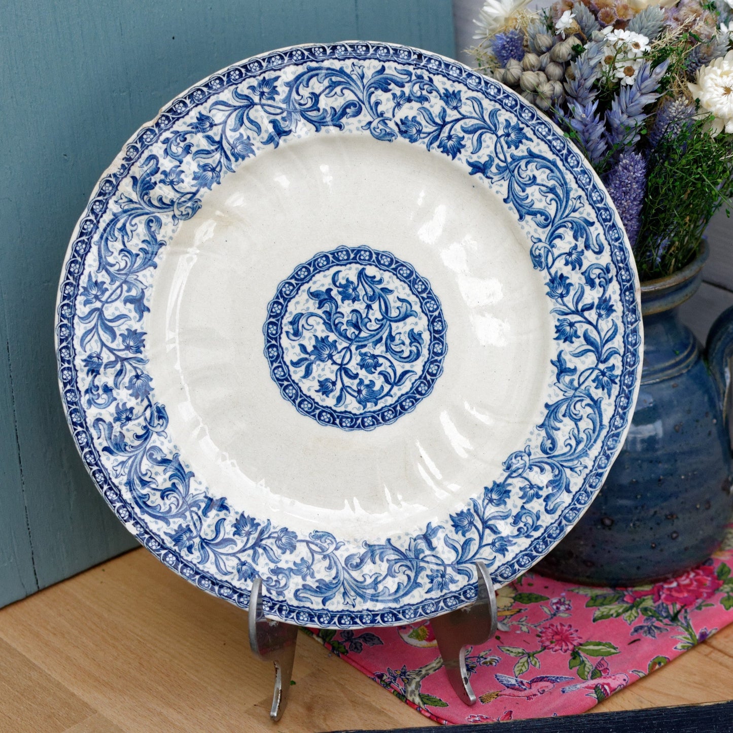 GIEN French Antique Ironstone Blue Transferware Salad Plate Terre de Fer en Faience