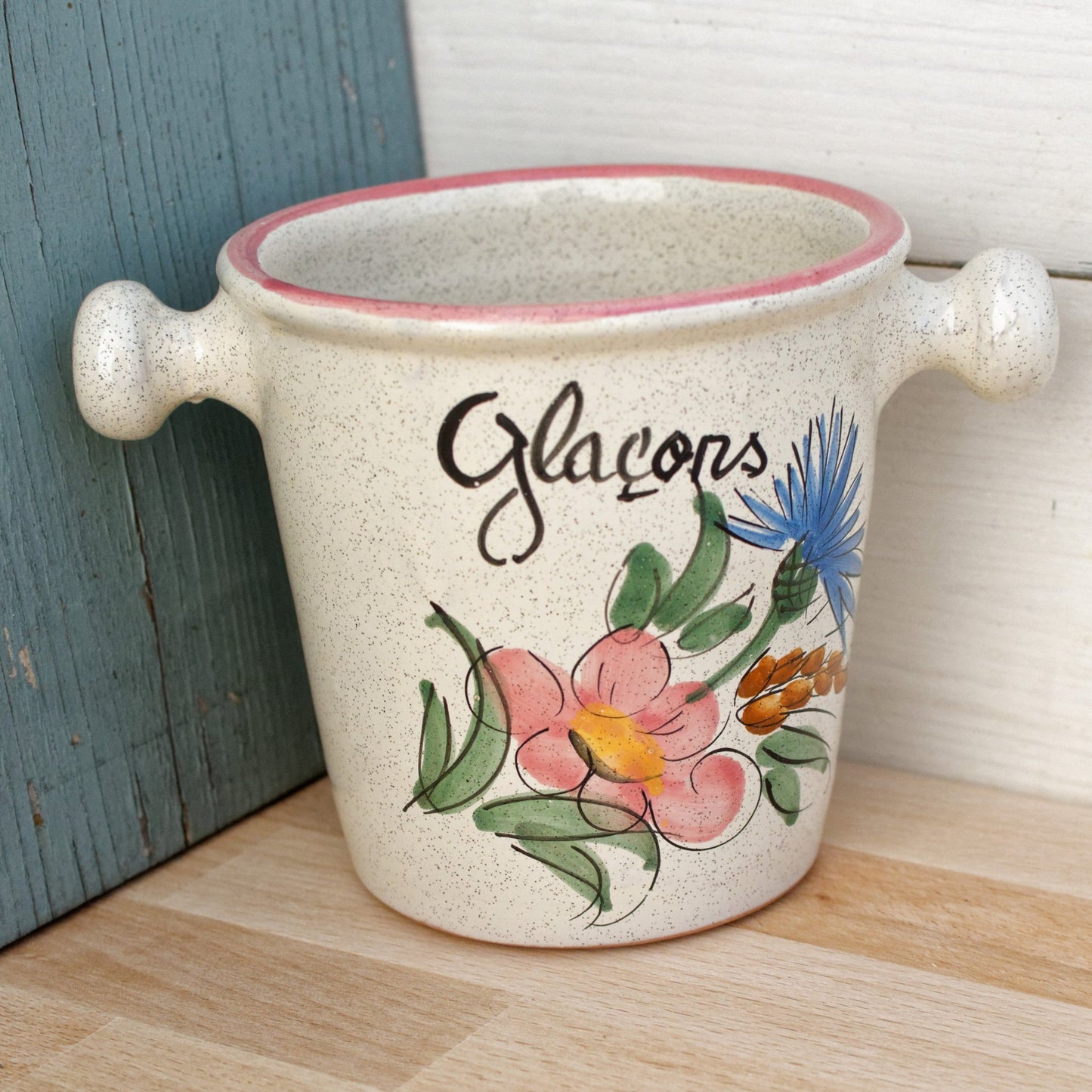 French Vintage Small Handmade Ceramic Ice Bucket ~  Art Pottery by "Vallauris" Seau a Glacons