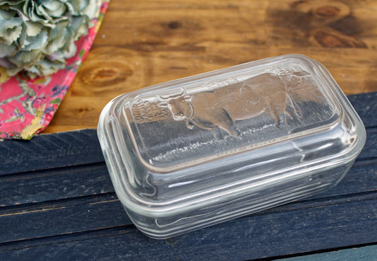 French Vintage Glassware Arcoroc Butter Dish with Embossed Cow Lid Glass Butter Storage Dish