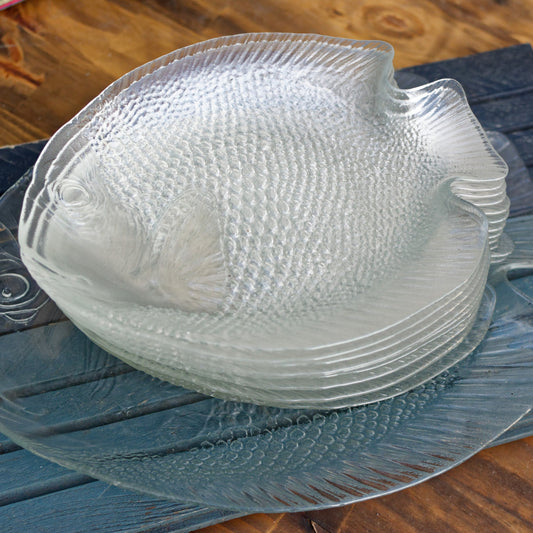 French Vintage Clear Transparent Glass Fish Shaped Embossed Plate ARCOROC France