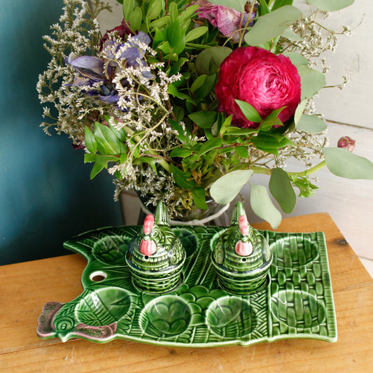 French Vintage Ironstone Faience Presentation Platter for Eggs w/ Matching Salt & Pepper Shakers ~ Deviled Eggs Green Serving Set ~ Collectible Kitchen Decor