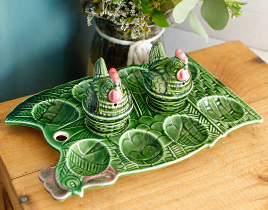 French Vintage Ironstone Faience Presentation Platter for Eggs w/ Matching Salt & Pepper Shakers ~ Deviled Eggs Green Serving Set ~ Collectible Kitchen Decor