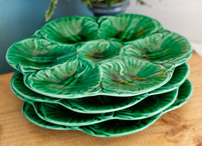 French Vintage BARBOTINE Green Oyster "Huître" Shellfish Plate with 6 Wells ~ Ceramic Majolica