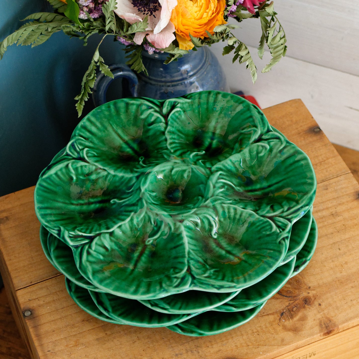 French Vintage BARBOTINE Green Oyster "Huître" Shellfish Plate with 6 Wells ~ Ceramic Majolica