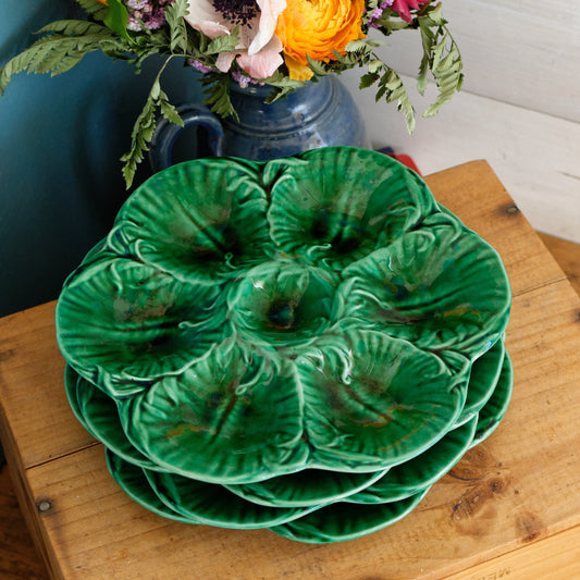 French Vintage BARBOTINE Green Oyster "Huître" Shellfish Plate with 6 Wells ~ Ceramic Majolica