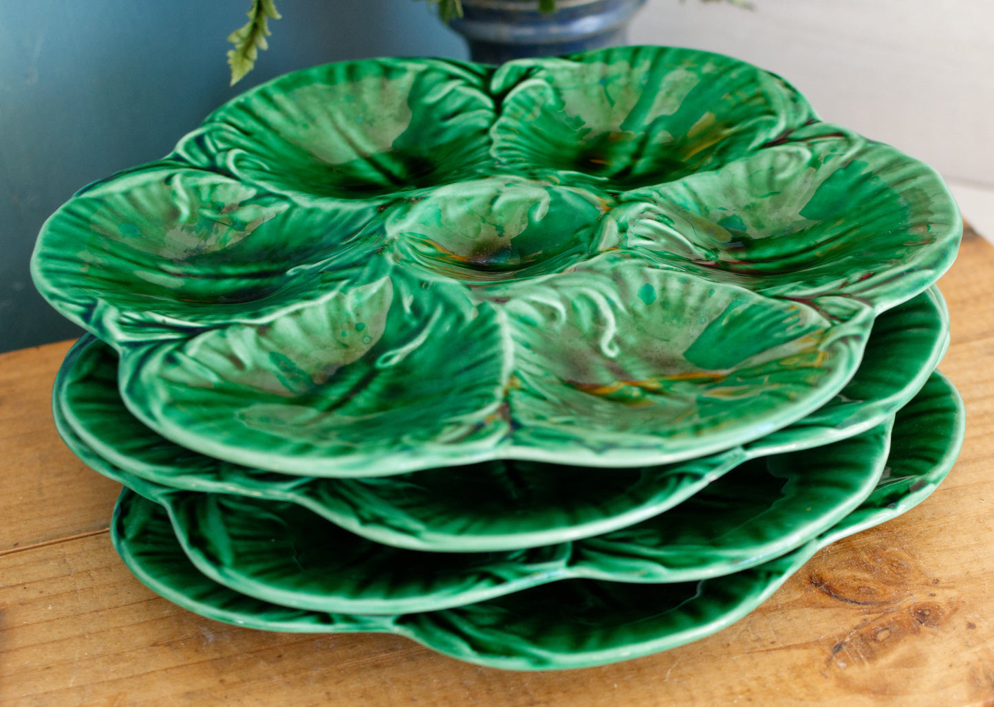 French Vintage BARBOTINE Green Oyster "Huître" Shellfish Plate with 6 Wells ~ Ceramic Majolica