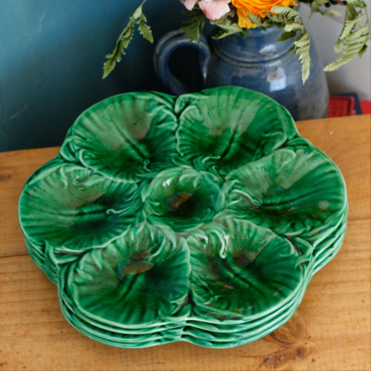 French Vintage BARBOTINE Green Oyster "Huître" Shellfish Plate with 6 Wells ~ Ceramic Majolica