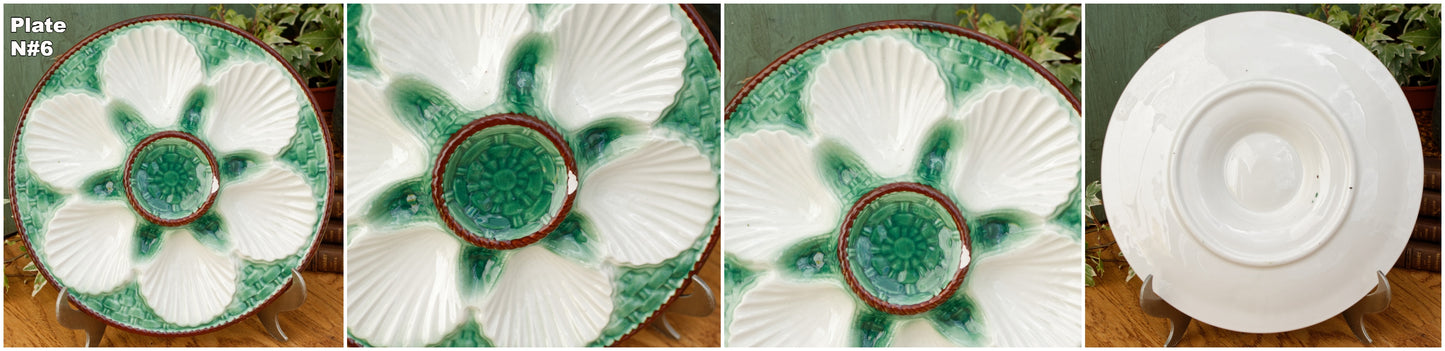 French Vintage BARBOTINE Majolica Green & White Oyster "Huître" Shellfish Plate with 6 Wells Basket Weave Pattern Made in France