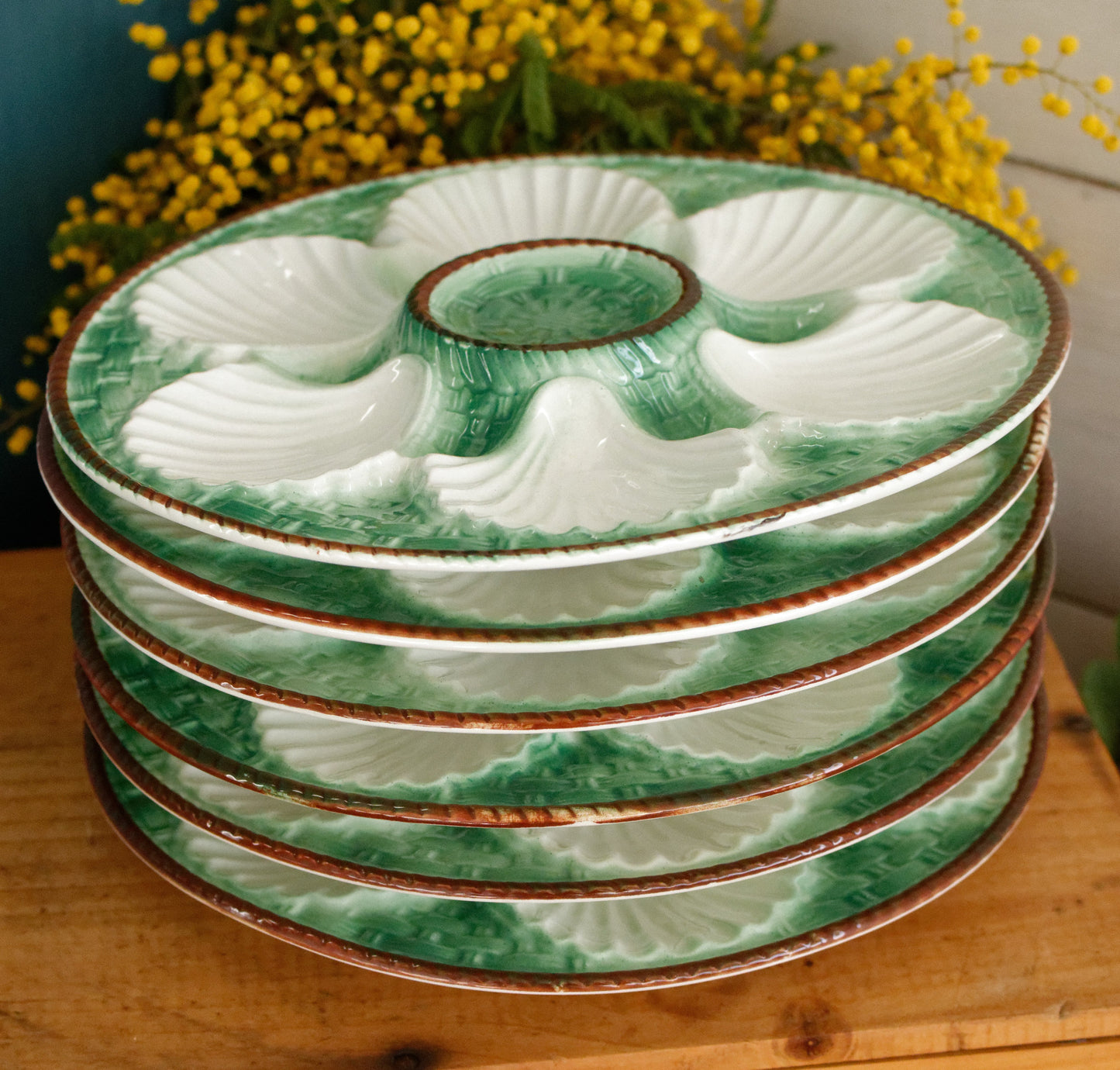 French Vintage BARBOTINE Majolica Green & Cream Oyster Huître Shellfish Plate with 6 Wells Basket Weave Pattern Made in France