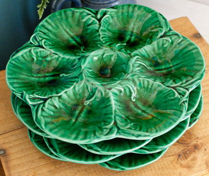 1960s ~ French Vintage BARBOTINE Green Oyster "Huître" Shellfish Plate with 6 Wells ~ Ceramic Majolica