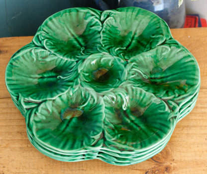 1960s ~ French Vintage BARBOTINE Green Oyster "Huître" Shellfish Plate with 6 Wells ~ Ceramic Majolica