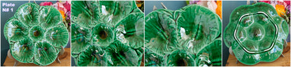 1960s ~ French Vintage BARBOTINE Green Oyster "Huître" Shellfish Plate with 6 Wells ~ Ceramic Majolica