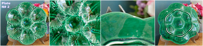 1960s ~ French Vintage BARBOTINE Green Oyster "Huître" Shellfish Plate with 6 Wells ~ Ceramic Majolica