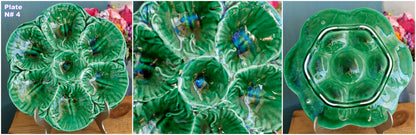 1960s ~ French Vintage BARBOTINE Green Oyster "Huître" Shellfish Plate with 6 Wells ~ Ceramic Majolica