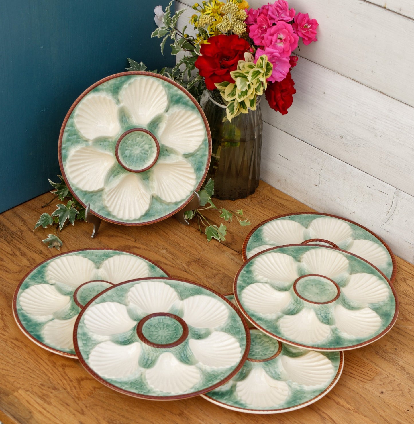 LONGCHAMP French Vintage BARBOTINE Majolica Green & White Oyster "Huître" Shellfish Plate with 6 Wells Basket Weave Pattern Made in France