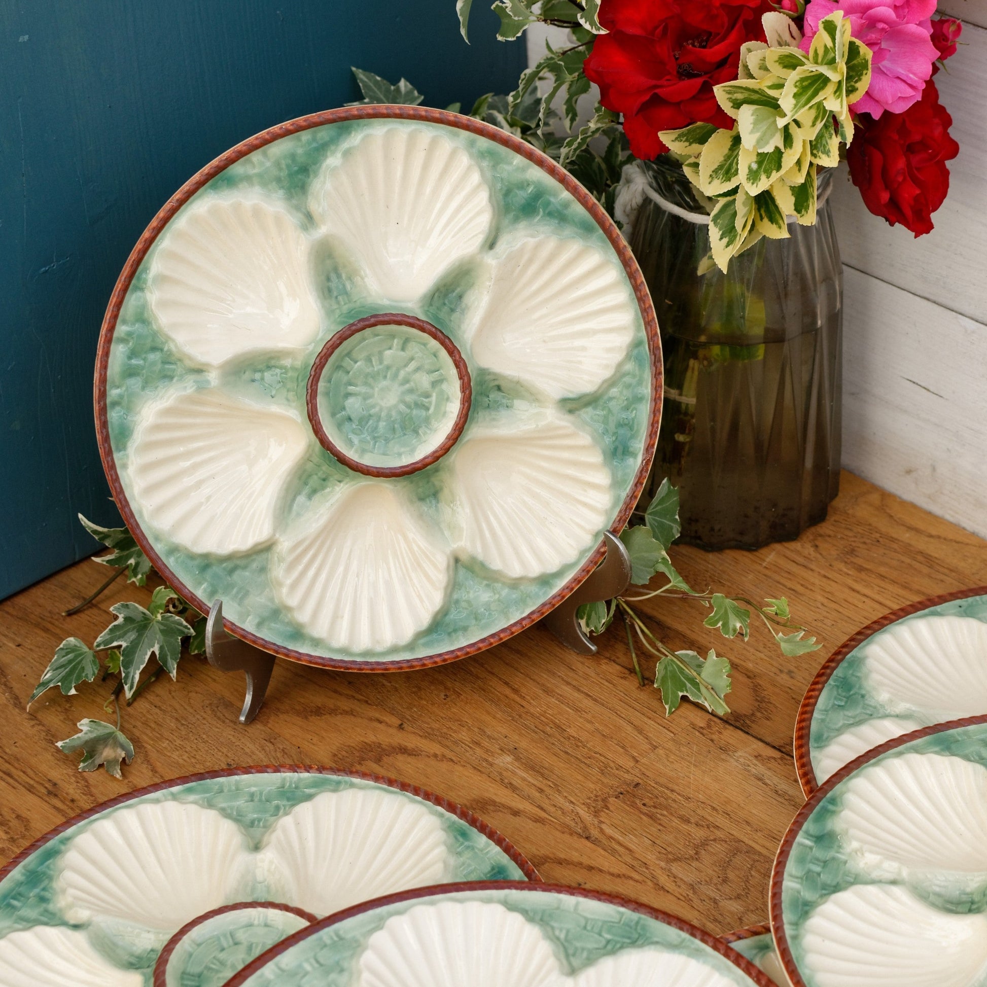 LONGCHAMP French Vintage BARBOTINE Majolica Green & White Oyster "Huître" Shellfish Plate with 6 Wells Basket Weave Pattern Made in France