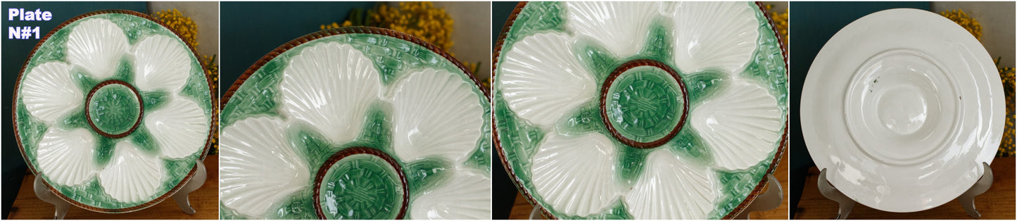 French Vintage BARBOTINE Majolica Green & white Oyster Huître Shellfish Plate with 6 Wells Basket Weave Pattern Made in France