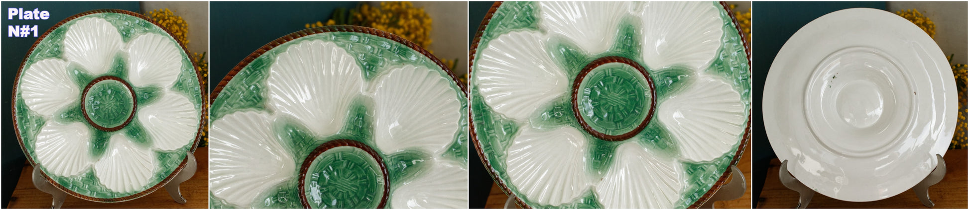 French Vintage BARBOTINE Majolica Green & white Oyster Huître Shellfish Plate with 6 Wells Basket Weave Pattern Made in France