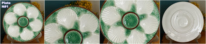 French Vintage BARBOTINE Majolica Green & white Oyster Huître Shellfish Plate with 6 Wells Basket Weave Pattern Made in France