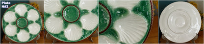 1960s ~ French Vintage BARBOTINE Majolica Green & White Oyster "Huître" Shellfish Plate with 6 Wells ~ Basket Weave Pattern ~ Made in France