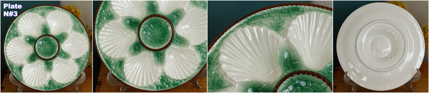1960s ~ French Vintage BARBOTINE Majolica Green & White Oyster "Huître" Shellfish Plate with 6 Wells ~ Basket Weave Pattern ~ Made in France
