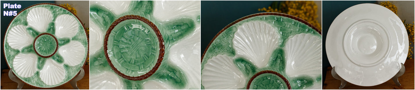 1960s ~ French Vintage BARBOTINE Majolica Green & White Oyster "Huître" Shellfish Plate with 6 Wells ~ Basket Weave Pattern ~ Made in France