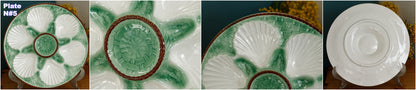 1960s ~ French Vintage BARBOTINE Majolica Green & White Oyster "Huître" Shellfish Plate with 6 Wells ~ Basket Weave Pattern ~ Made in France