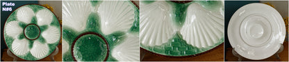 1960s ~ French Vintage BARBOTINE Majolica Green & White Oyster "Huître" Shellfish Plate with 6 Wells ~ Basket Weave Pattern ~ Made in France