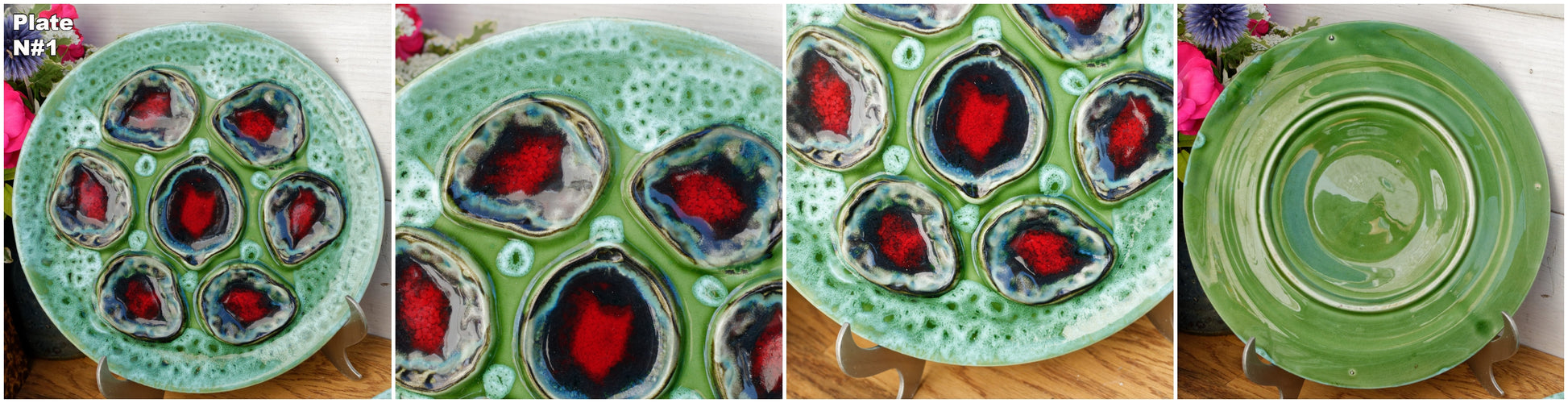French Vallauris Style Vintage Oyster Huître Shellfish Plate with 6 Wells Ceramic Majolica